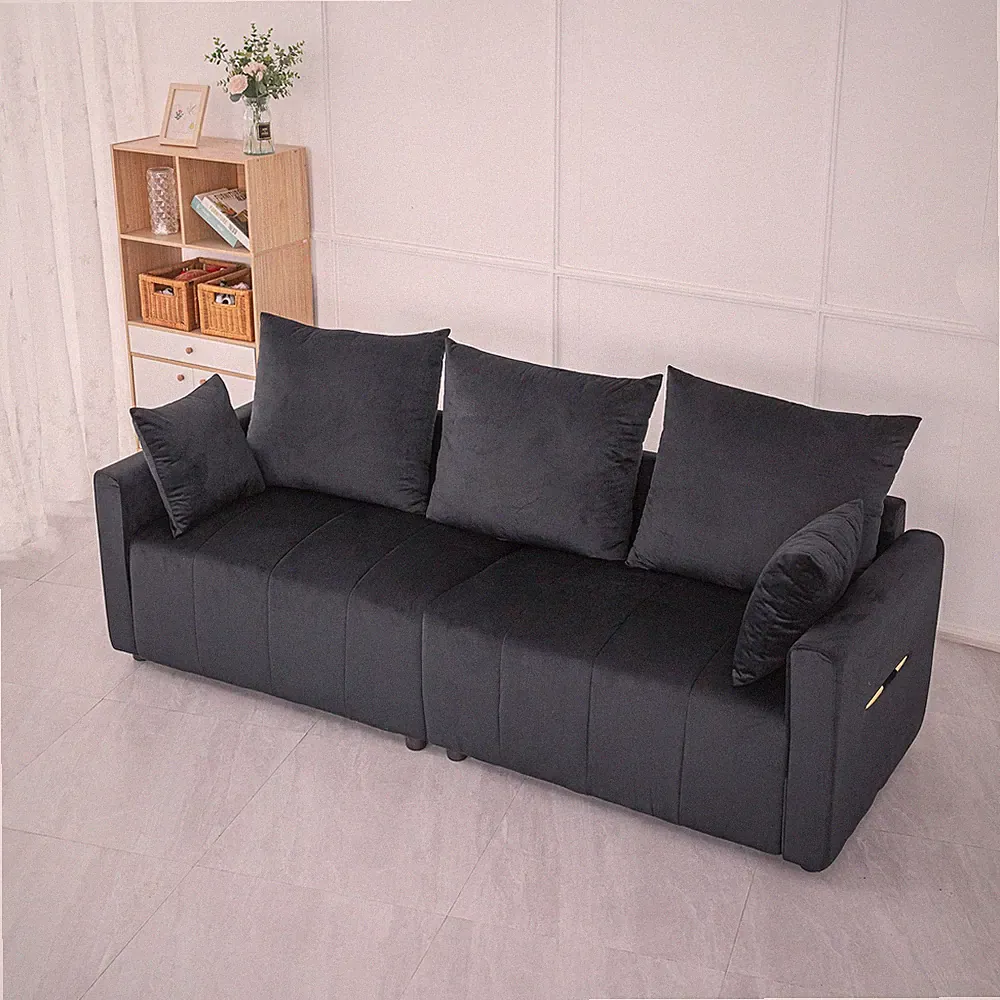 Velvet Modern 2-Seater Sofa, Black Two-Tone Sectional Couch with Contemporary