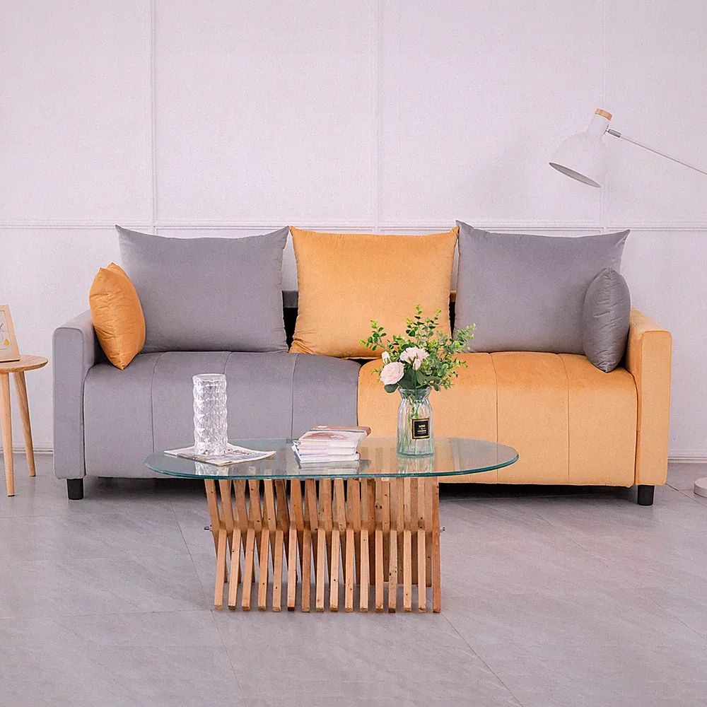 Velvet Modern 2-Seater Sofa, Light Grey & Yellow Two-Tone Sectional Couch with C