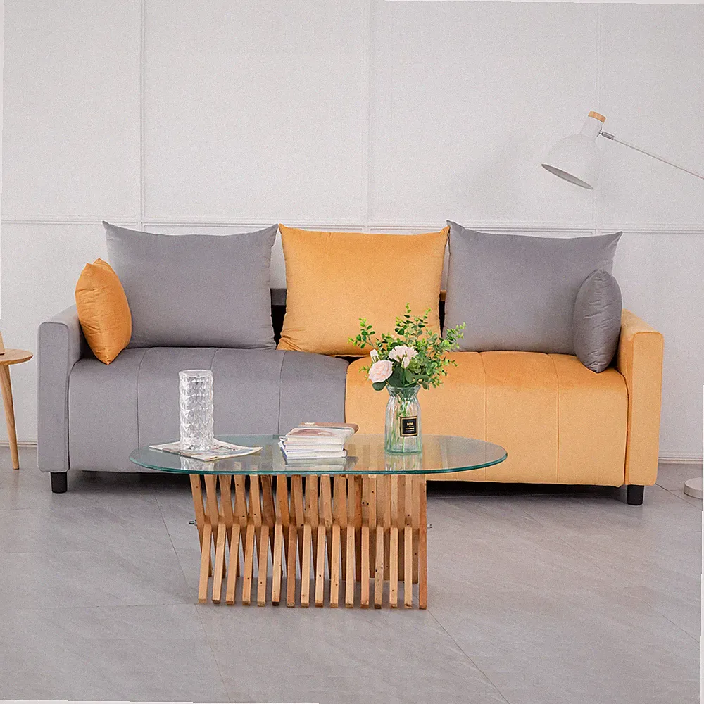 Velvet Modern 2-Seater Sofa, Light Grey & Yellow Two-Tone Sectional Couch with C