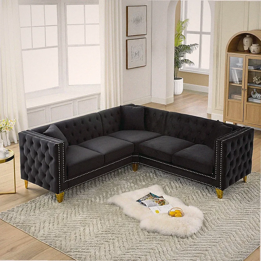 Velvet Modular Sectional Sofa,Modern L-Shaped Sofa Couch with Nailhead Trim,5 Se