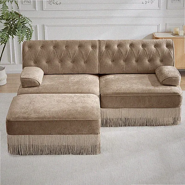 Velvet Modular Sectional Sofa Ottoman Tufted Backrest with Tassel Skirt