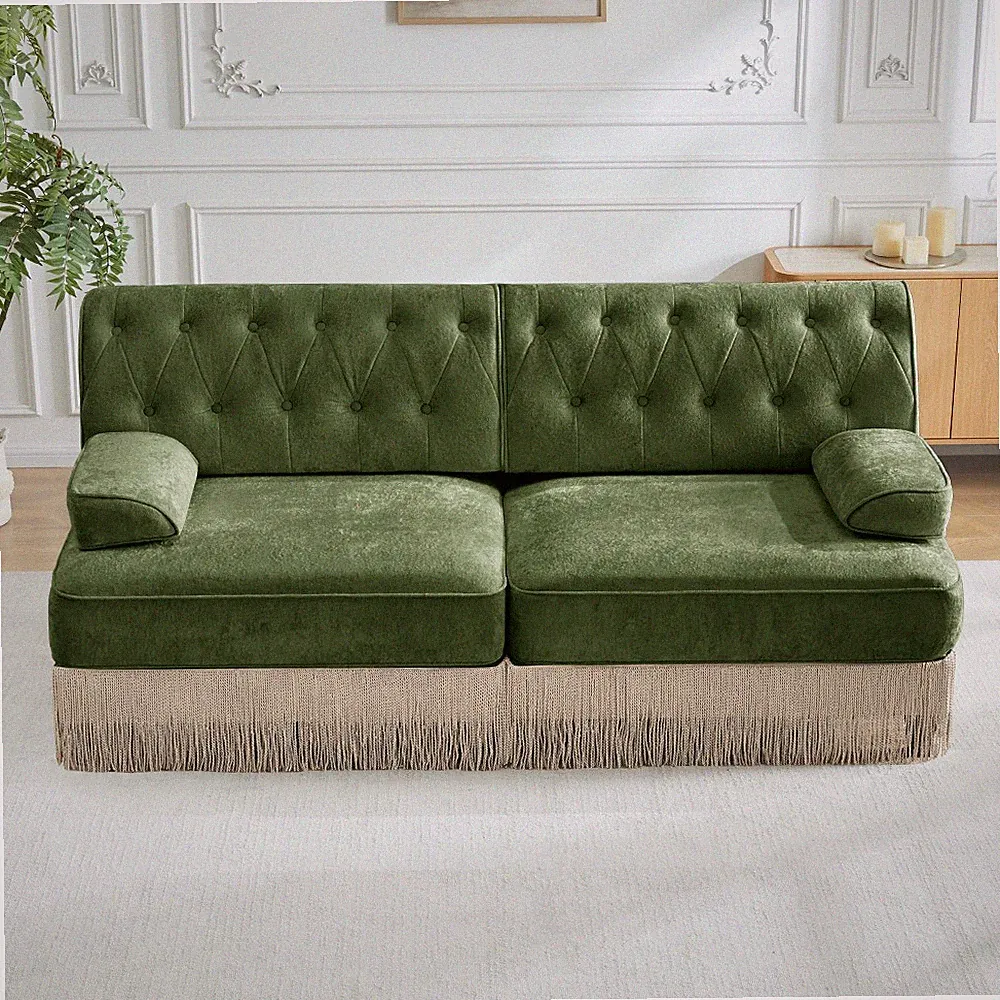 Velvet Modular Sectional Sofa w/ Tassel Skirt, Chesterfield Style, Green, 2-Seat