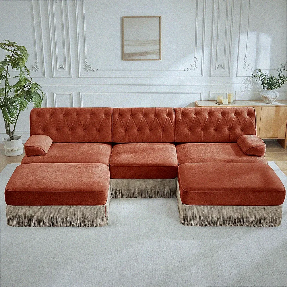 Velvet Modular Sectional Sofa w/ Tassel Skirt & Ottoman, Red Brown
