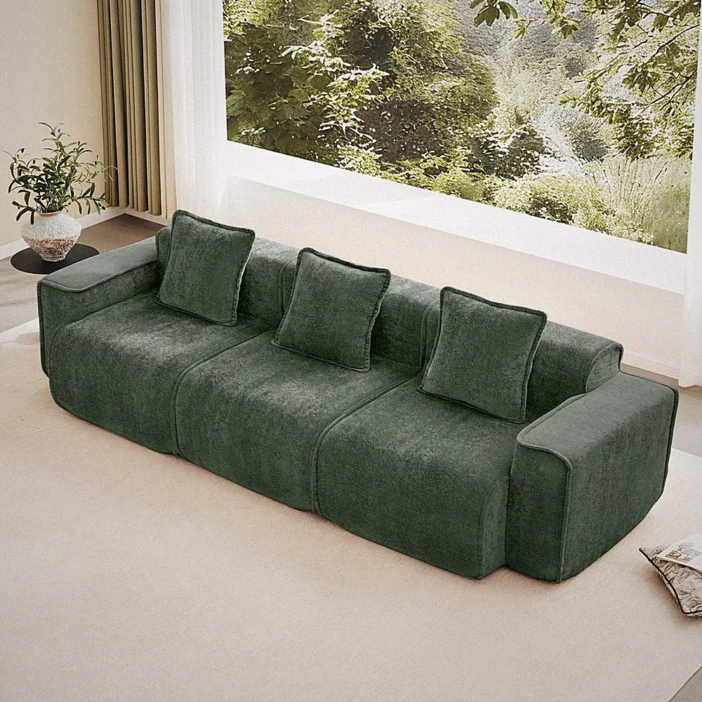 Velvet Modular Sofa Sectional Cloud Boneless Couch 3-Seat w/ French Piping Green