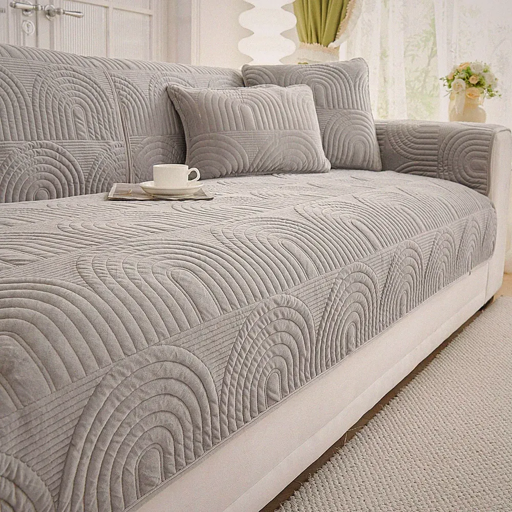 Velvet Plush Couch Sofa Cover Geometric Quilted Sectional Couch Covers Non Sl...