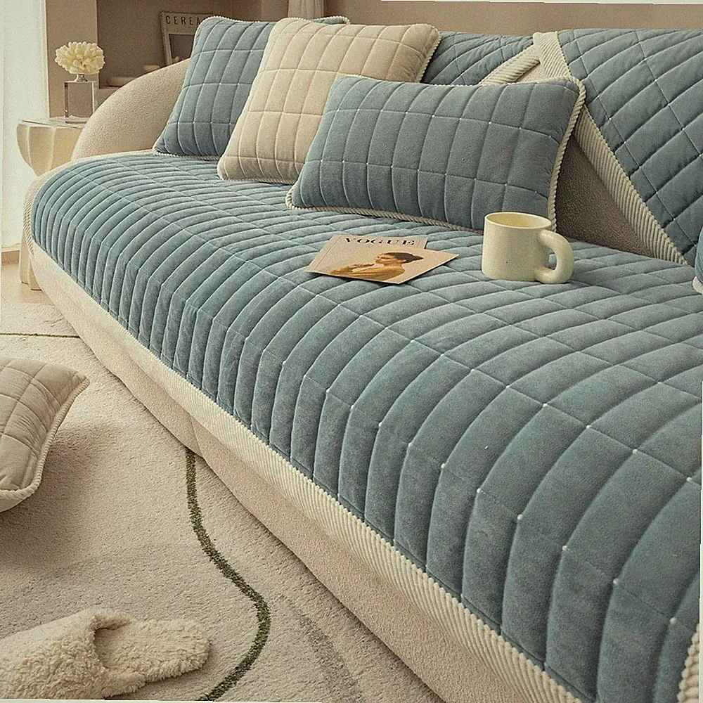 Velvet Plush Plaid Quilted Sofa Cover Super Soft Non Slip Sectional Couch Cov...