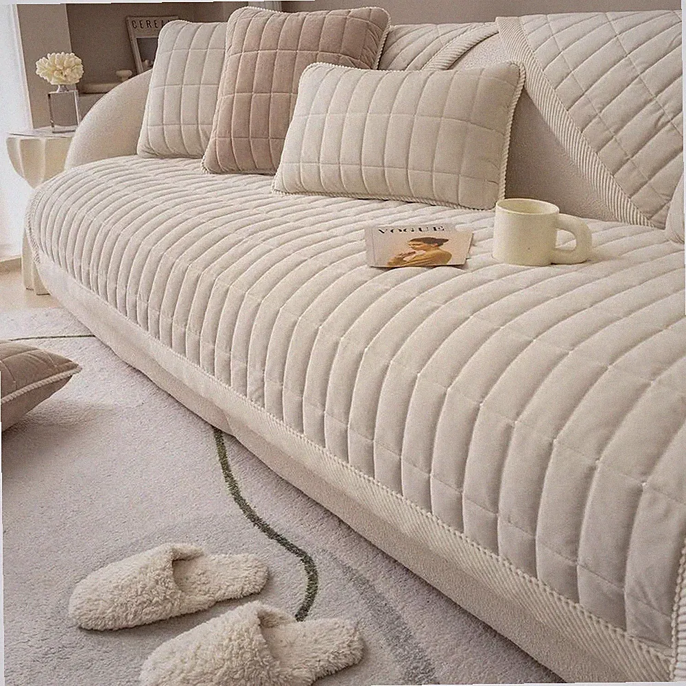 Velvet Plush Plaid Quilted Sofa Cover Super Soft Non Slip Sectional Couch Cov...