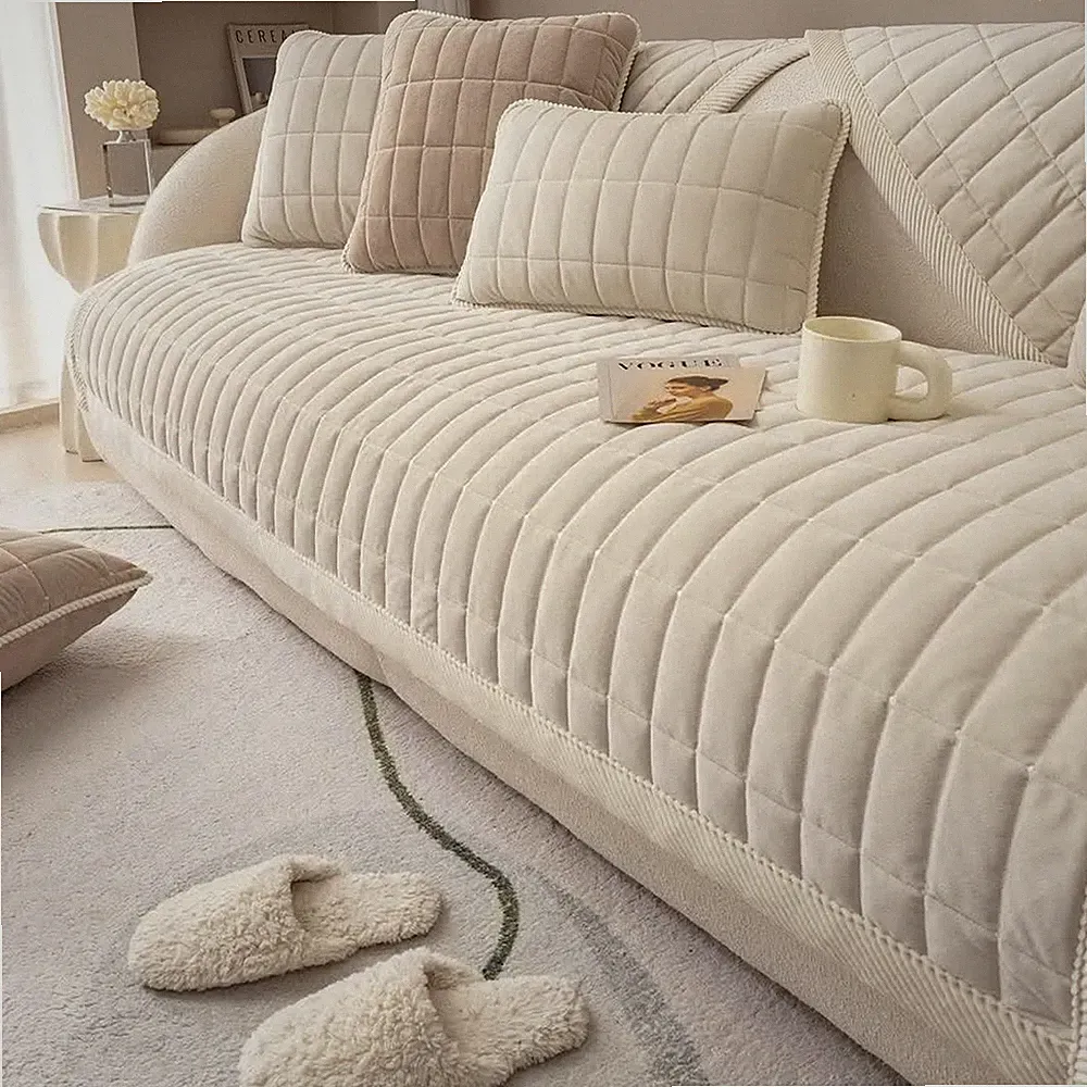 Velvet Plush Plaid Quilted Sofa Cover Super Soft Non Slip Sectional Couch Cov...