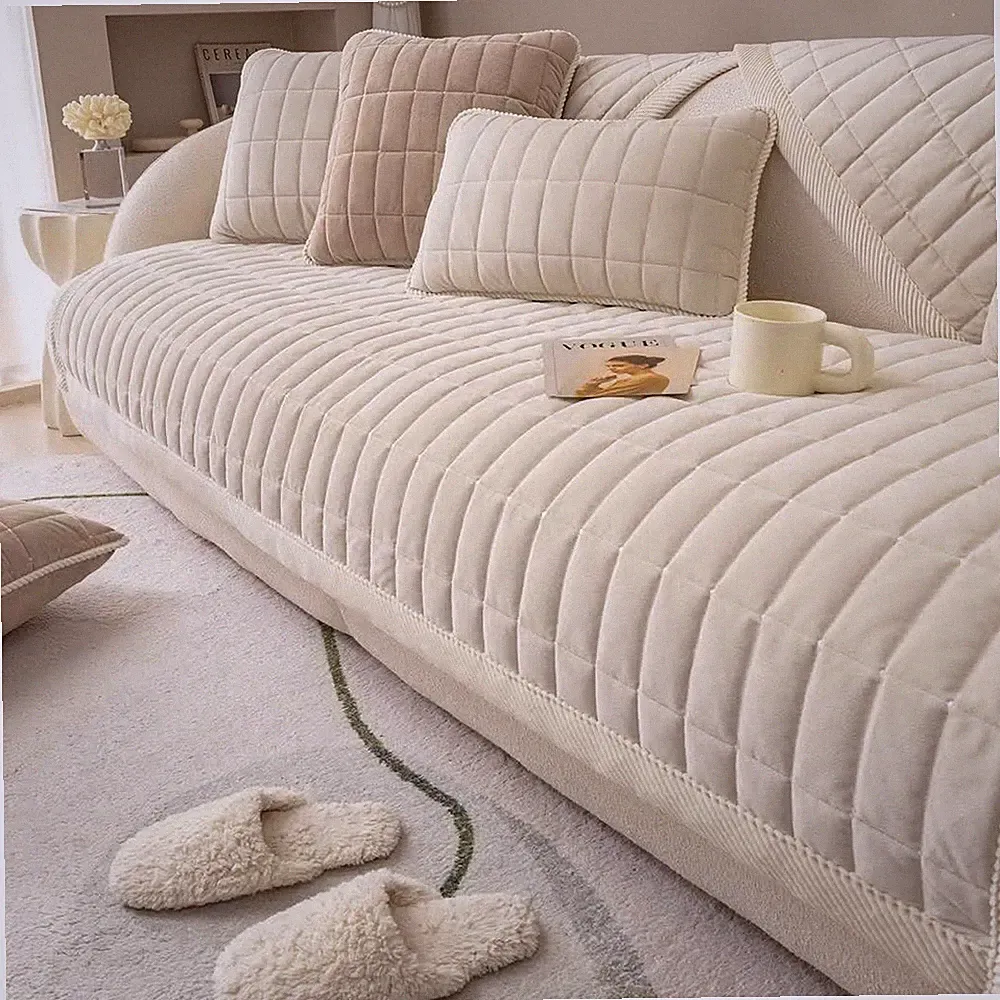 Velvet Plush Plaid Quilted Sofa Cover Super Soft Non Slip Sectional Couch Cov...