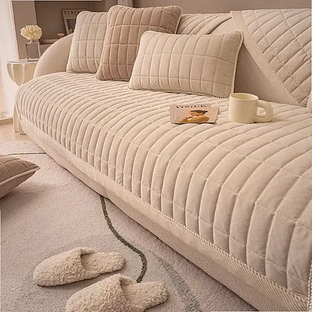 Velvet Plush Plaid Quilted Sofa Cover Super Soft Non Slip Sectional Couch Cover