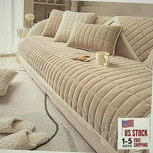 Velvet Plush Plaid Quilted Sofa Cover Super Soft Non Slip Sectional Couch