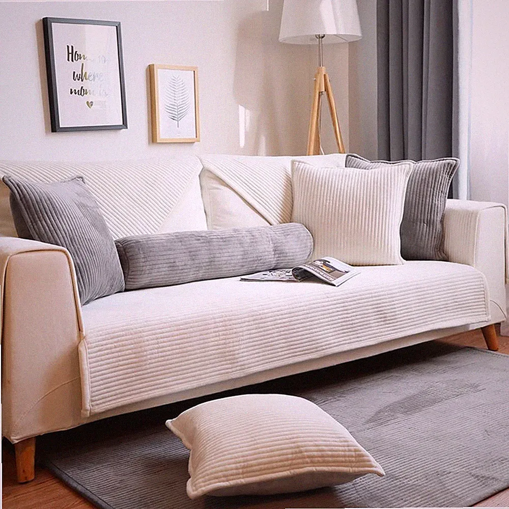 Velvet Plush Sectional Couch Covers Super Soft Solid Sofa Cover Striped Non S...