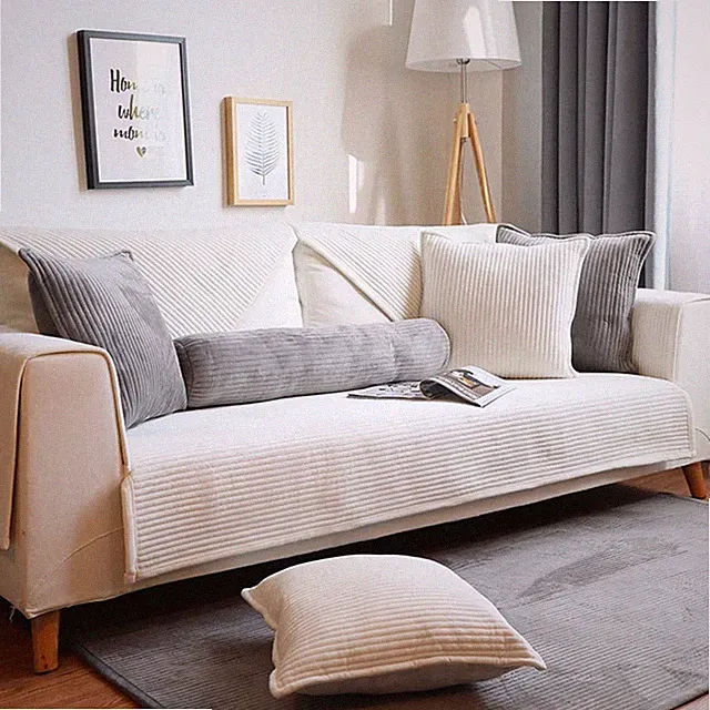 Velvet Plush Sectional Couch Covers Super Soft Solid Sofa Cover Striped Non S...