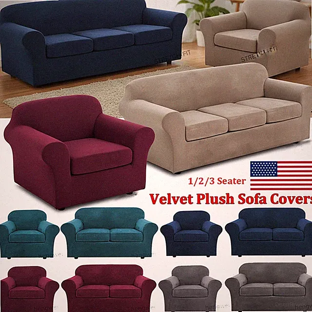Velvet Plush Sofa Covers Stretch Couch Chair Slipcover Protector & Cushion Cover