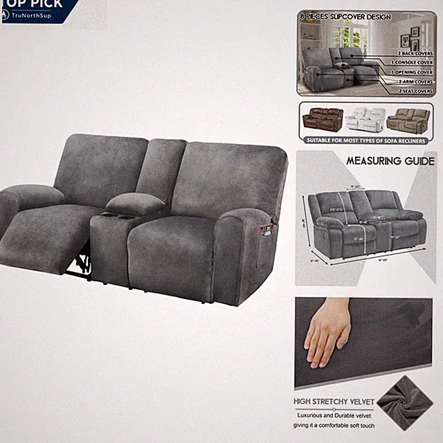 Velvet Reclining Loveseat Cover 8-Piece Dark Grey Slipcover for 2-Seater Sofa...