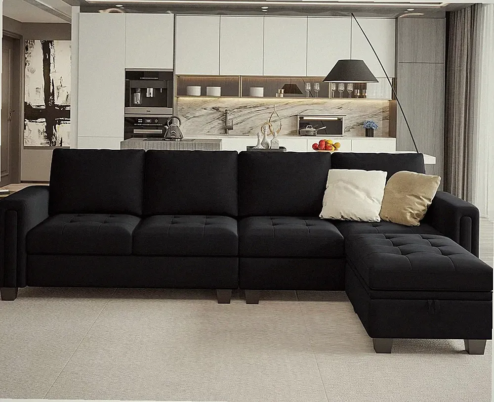 Velvet Reversible Sectional Sofa with Chaise Convertible L Shaped 4-Seat Section