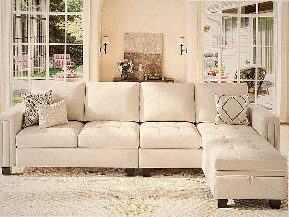 Velvet Reversible Sectional Sofa with Chasie Convertible L Shaped 4-Seat Section