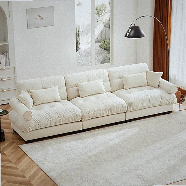Velvet Sectional Sofa 3 Seat, Cloud-Like Cushion w/ Waist & Throw Pillows, Cream