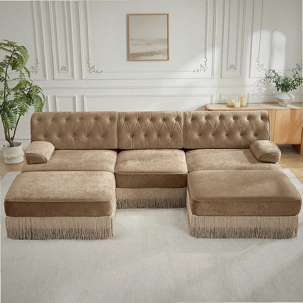 Velvet Sectional Sofa, 3-Seater w/ Ottoman, Camel Color, Tassel Skirt