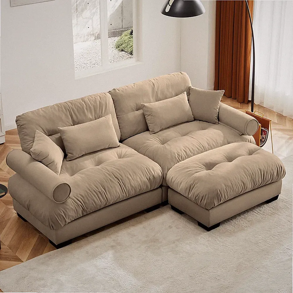 Velvet Sectional Sofa Set with Ottoman & Pillows for Living Room - Camel