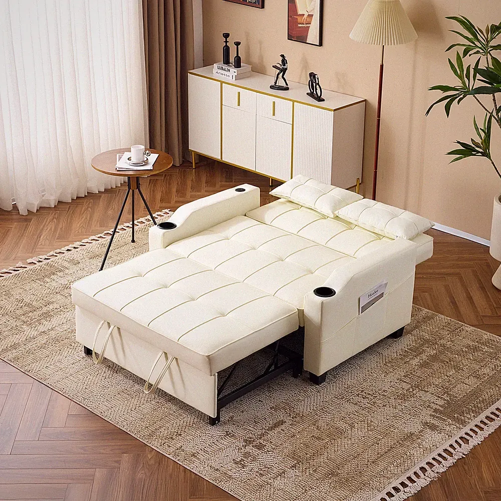 Velvet Sofa Bed Chair with USB Ports Outlet 3-in-1 Sofa Chair Bed Cup Holders