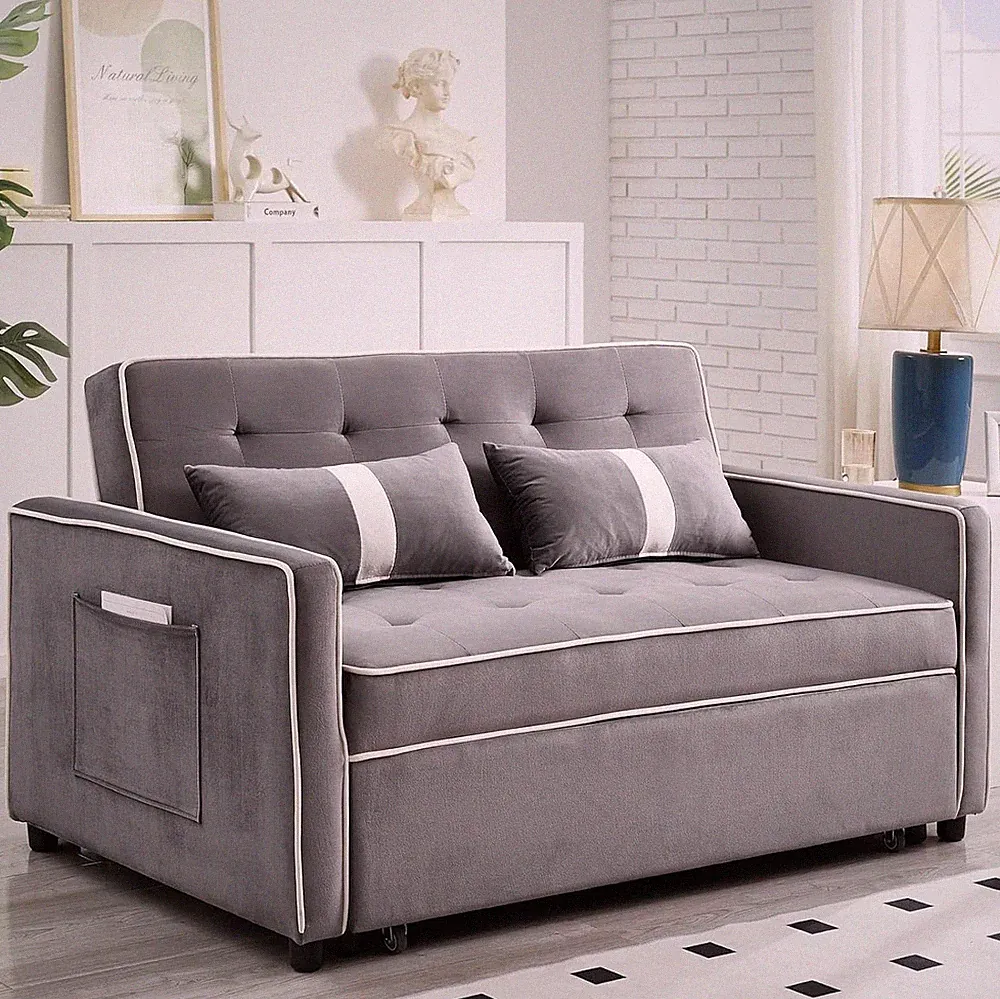 Velvet Sofa Bed with Pull-Out Bed,Side Storage Pockets,Modern Sleeper Sofa..