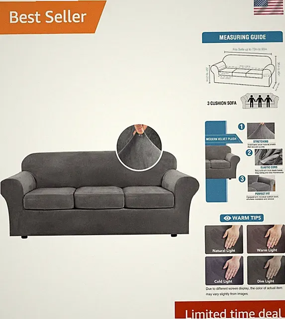 Velvet Sofa Cover Couch Slipcover for 3 Cushion Sofa Anti Slip Protect Grey