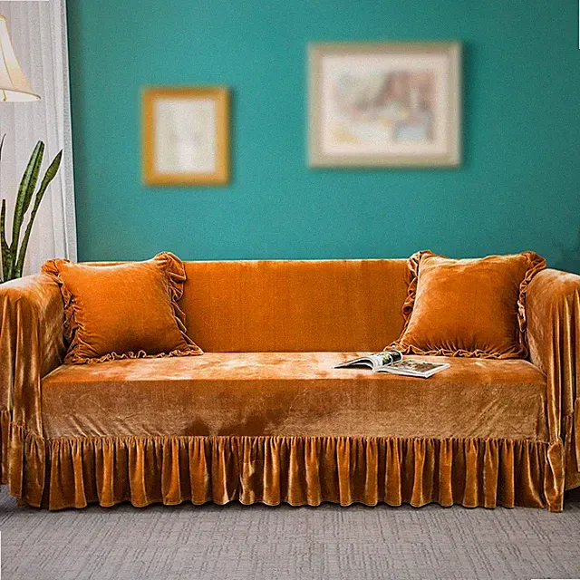 Velvet Sofa Cover Soft Decorative Luxurious Solid 88"x134", Golden Camel