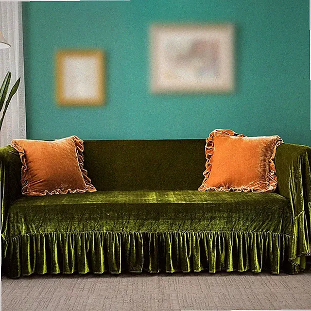 Velvet Sofa Cover Soft Decorative Luxurious Solid Exquisite Ruffle