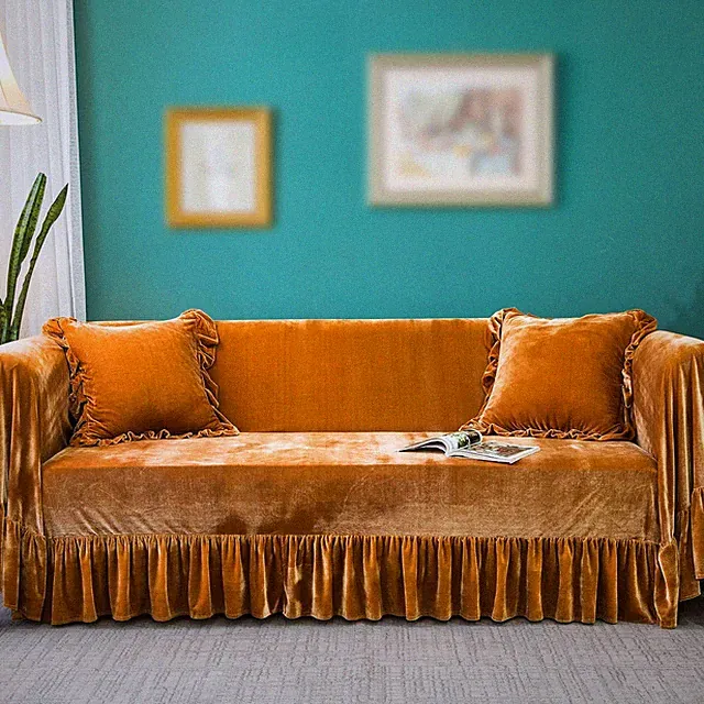 Velvet Sofa Cover Soft Decorative Luxurious Solid Exquisite Ruffle Trim,Retro...