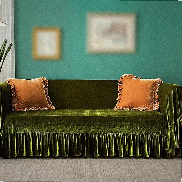 Velvet Sofa Cover Soft Decorative Luxurious Solid Exquisite Ruffle Trim,Retro...