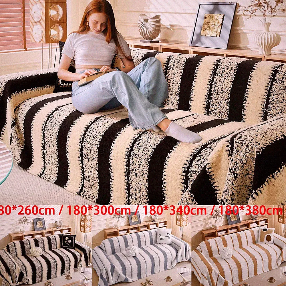 Velvet Sofa Cover Washable Couch Cover for Sectional Striped Jacquard Tassel Edg