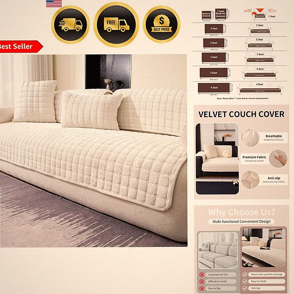 Velvet Sofa Cover Washable Slipcover for Couch Sectional Recliner White