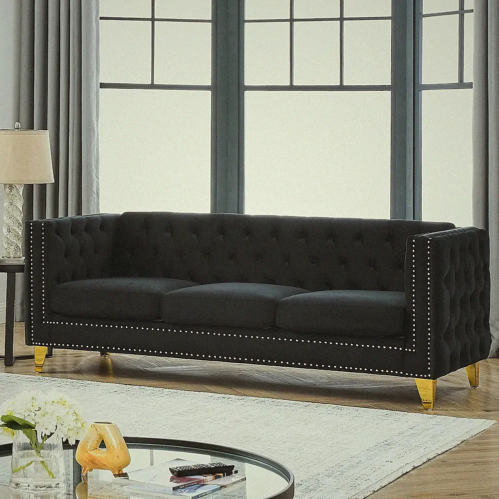 Velvet Sofa for Living Room,Buttons Tufted Square Arm Couch,Modern Couch Uphol