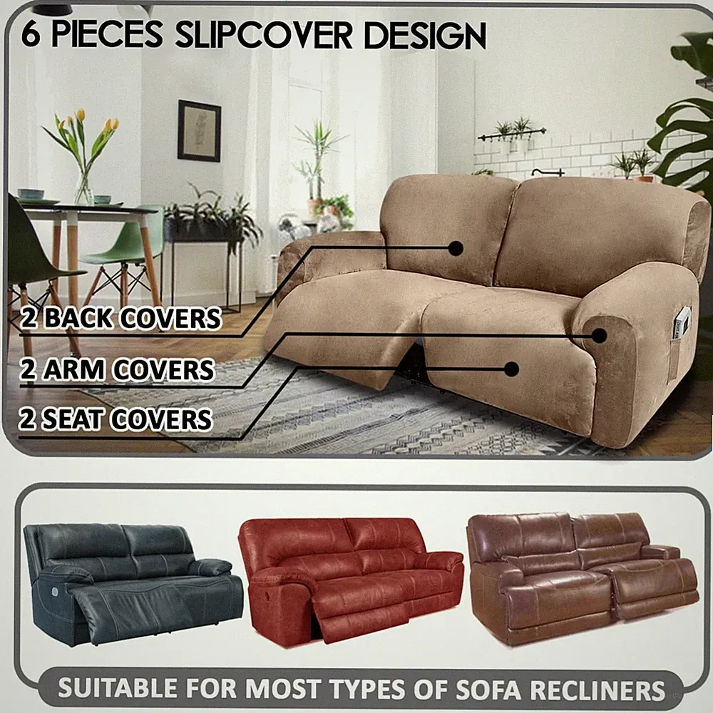Velvet Sofa Slipcover Set, Extra Wide 2 Seater, 6-Piece