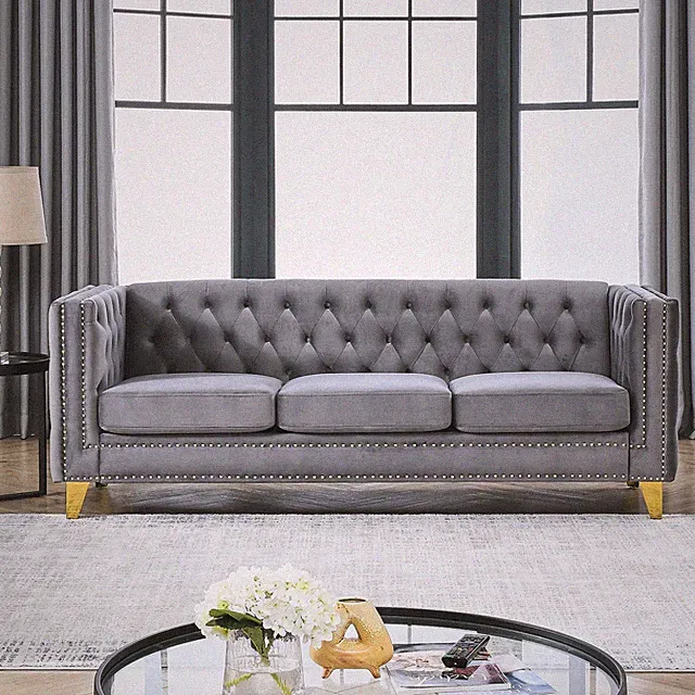 Velvet Sofa, Tufted Chesterfield Couch with Metal Legs, Gray