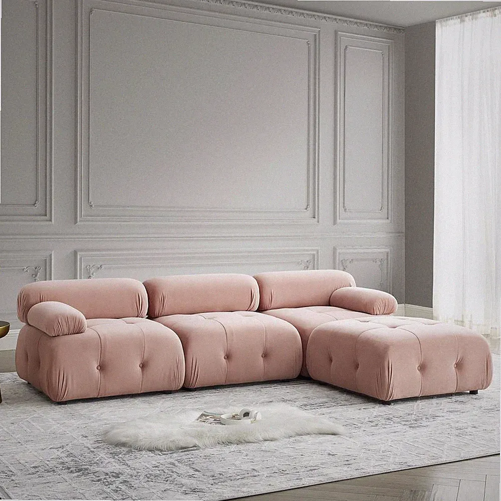 Velvet Solid Hardwood Frame Sectional Sofa L Shaped Couch w/Reversible Ottoman