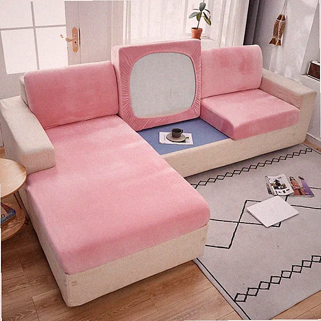 Velvet Stretch Couch Cushion Slipcover Sofa Cover Universal L Shape Sectional...
