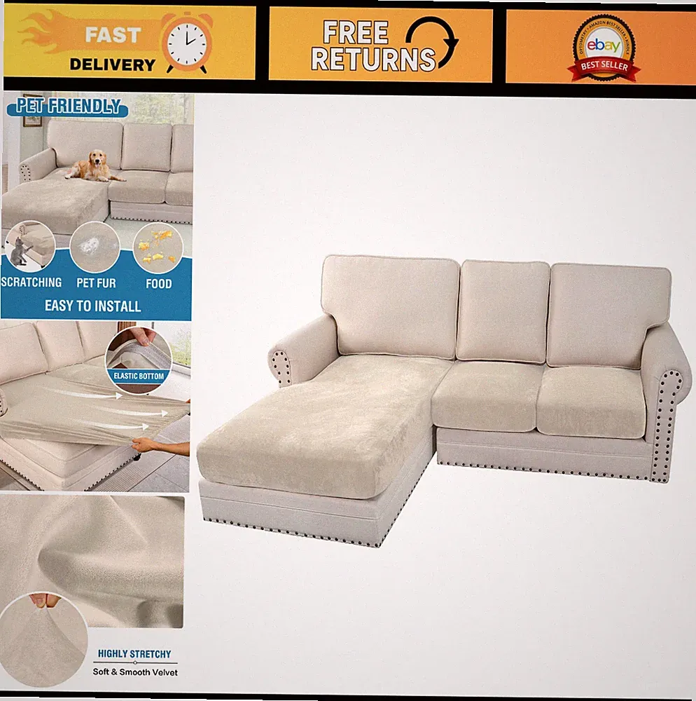 Velvet Stretch Sectional Couch Covers - 3 Piece L Shape Sofa Seat Cushion Set, I