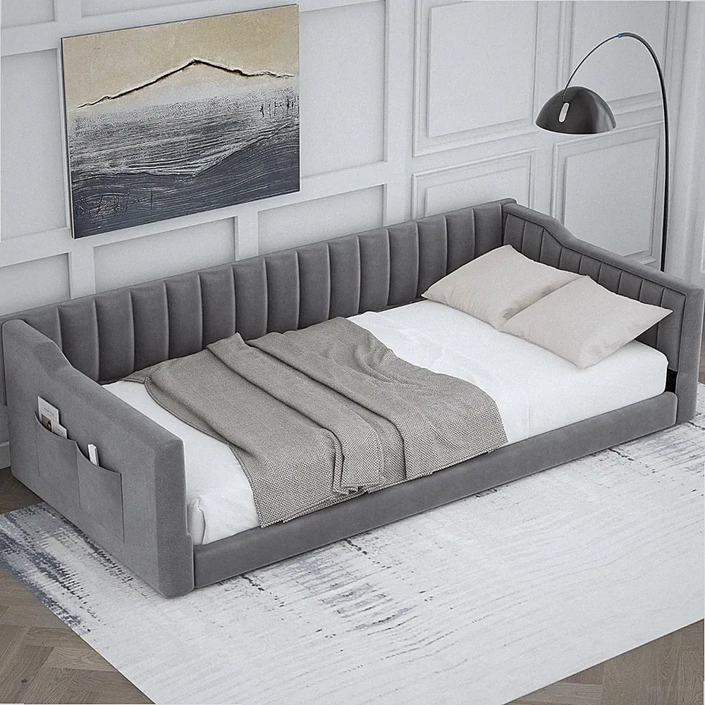 Velvet Twin XL Daybed with Storage Pocket & Armrests - Gray Sofa Bed