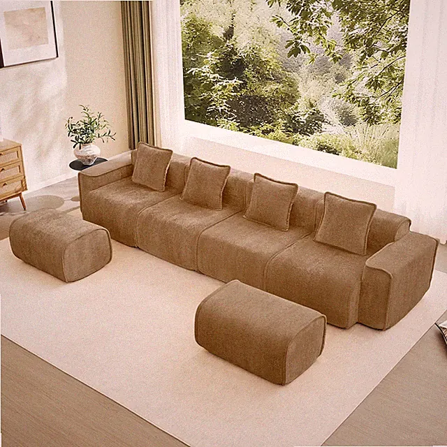 Velvet U-Shape Sectional Sofa with 4 Seats, Pillows & Ottoman