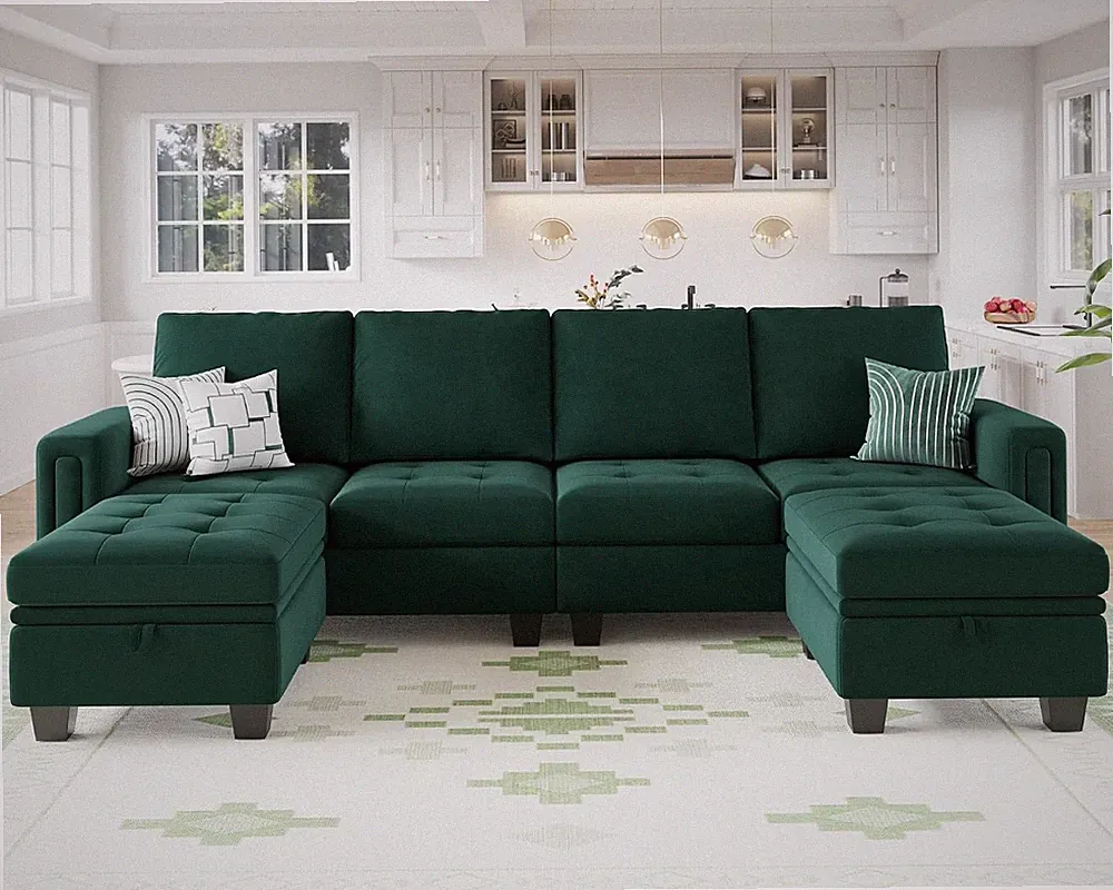 Velvet U Shaped Sectional Sofa Couch with Storage Ottoman Convertibel Sectional