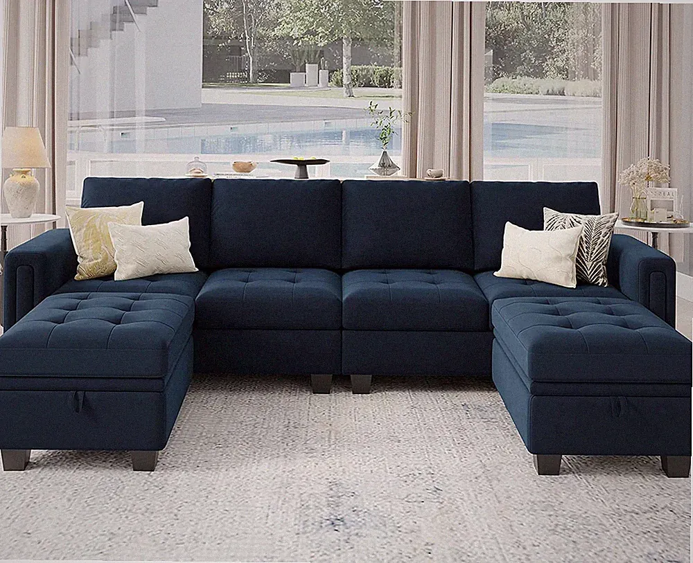 Velvet U Shaped Sectional Sofa Couch With Storage Ottoman Convertible Sofa With