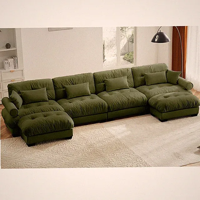 Velvet U-Shaped Sectional Sofa with Ottoman, Cloud Couch, Olive Green