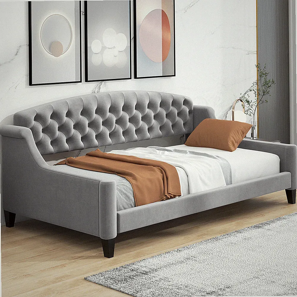 Velvet Upholstered Daybed, Wood Sofa Bed Frame w/Button Tufted Backrest