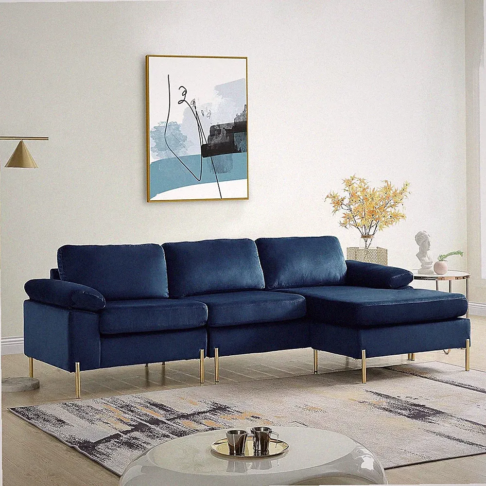 Velvet Upholstered Sectional Sofa with Chaise,L-Shape 3 Seater Couch with Metal