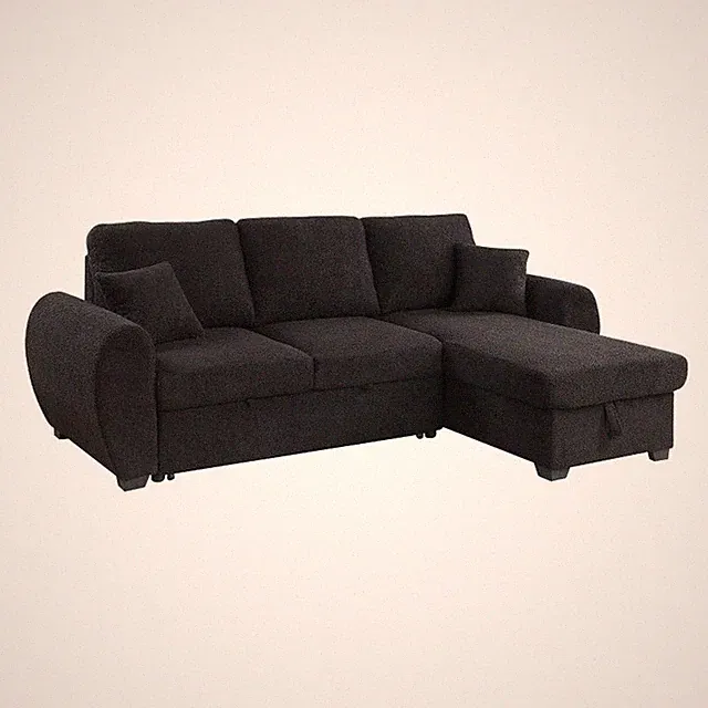 Veronica 95" Black Teddy Fleece Fabric Rev Sleeper Sectional Sofa Storage Chaise