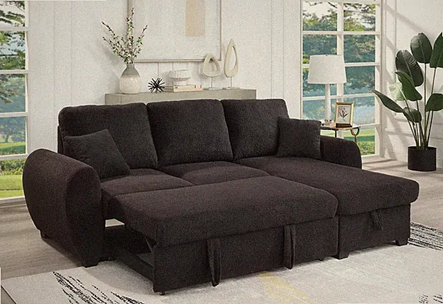Veronica 95" Black Teddy Fleece Reversible Sleeper Sectional Sofa with Storage C