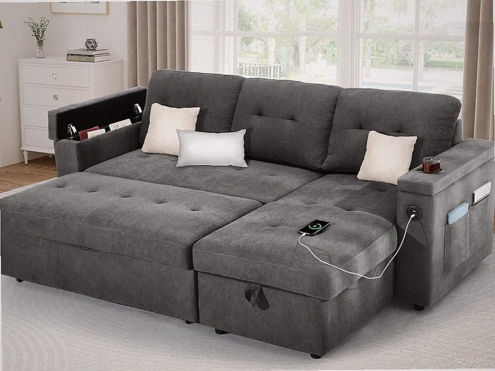Versatile 3-in-1 Sleeper Sofa Bed with Storage, USB Ports & Cup Holders - Gray