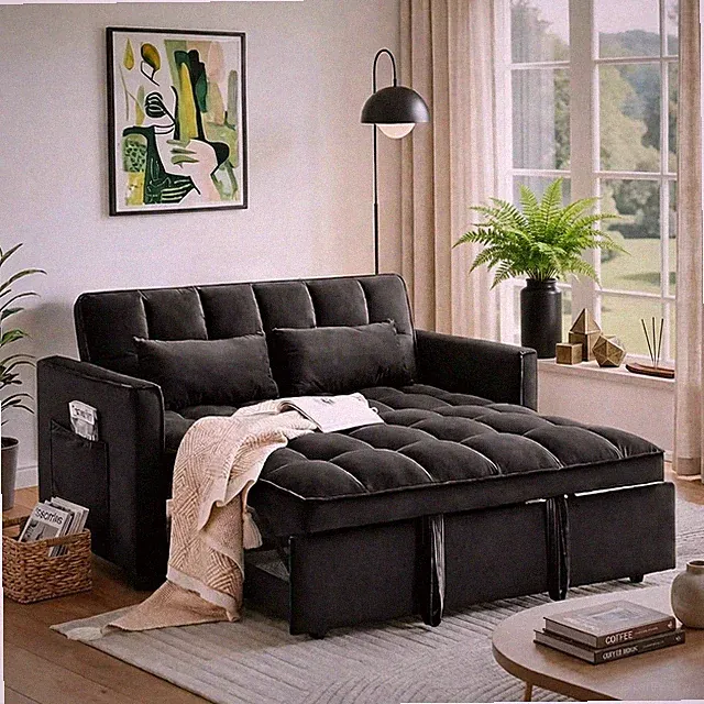 Versatile 3-in-1 Velvet Sofa Bed with Adjustable Backrest & Side Pockets, Black